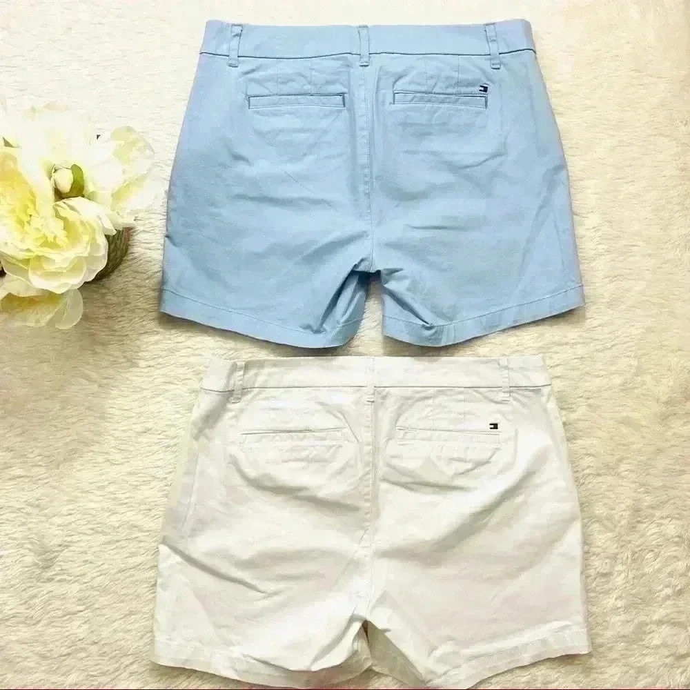 2 Pair of Tommy Hilfiger‎ White & Blue Chino Flat Front Shorts Size 6 & 8